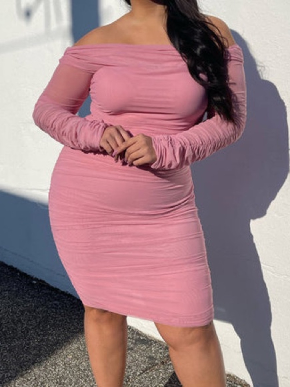 Fashion Nova Pink Off-Shoulder Ruched Long Sleeve Bodycon Dress Size XL Mesh